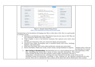 5
Scriptwriting is the foundation of bringing your film or video idea to life. Here is a quick guide
in writing a script:
a. Brainstorm and Develop your Idea. What kind of story do you want to tell? Who are
your characters? What is the main conflict?
b. Craft a Logline. A one or two-sentence summary that captures your entire story
essence.
c. Develop your Characters. Give your characters depth and personality.
d. Structure your Script. Screenplays have a standard format with scene, headings,
dialogue, and action lines.
e. Write your First Draft. Don’t worry about perfection, just get your story down.
f. Revise and Refine. Polish your script, ensure clarity, and get feedback to improve.
2. Shot Listing or Storyboarding. Storyboarding acts as a visual roadmap for your
film, translating key scenes into a series of comic strip-like illustrations. This
helps visualize the flow of the film and plan camera angles, movements, and shot
composition. A detailed shot list, outlining every shot required for the film, is also
developed during pre-production, providing a clear roadmap for the filming
process. Shot List is a detailed list that outlines all the shots that will be filmed
Explain what a shot list
is and why it is crucial
for organizing a video
shoot.
Discuss the
components of a shot
list: shot number,
Figure 2. Sample Script Writing format
https://www.studiobinder.com/blog/what-is-script-writing/
 