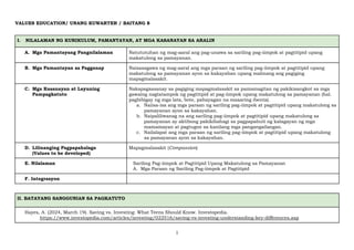 1
VALUES EDUCATION/ UNANG KUWARTER / BAITANG 8
I. NILALAMAN NG KURIKULUM, PAMANTAYAN, AT MGA KASANAYAN SA ARALIN
A. Mga Pamantayang Pangnilalaman Natututuhan ng mag-aaral ang pag-unawa sa sariling pag-iimpok at pagtitipid upang
makatulong sa pamayanan.
B. Mga Pamantayan sa Pagganap Naisasagawa ng mag-aaral ang mga paraan ng sariling pag-iimpok at pagtitipid upang
makatulong sa pamayanan ayon sa kakayahan upang malinang ang pagiging
mapagmalasakit.
C. Mga Kasanayan at Layuning
Pampagkatuto
Nakapagsasanay sa pagiging mapagmalasakit sa pamamagitan ng pakikisangkot sa mga
gawaing nagtatampok ng pagtitipid at pag-iimpok upang makatulong sa pamayanan (hal.
pagbibigay ng mga lata, bote, pahayagan na maaaring ibenta).
a. Naiisa-isa ang mga paraan ng sariling pag-iimpok at pagtitipid upang makatulong sa
pamayanan ayon sa kakayahan.
b. Naipaliliwanag na ang sariling pag-iimpok at pagtitipid upang makatulong sa
pamayanan ay aktibong pakikibahagi sa pagpapabuti ng kalagayan ng mga
mamamayan at pagtugon sa kanilang mga pangangailangan.
c. Nailalapat ang mga paraan ng sariling pag-iimpok at pagtitipid upang makatulong
sa pamayanan ayon sa kakayahan.
D. Lilinanging Pagpapahalaga
(Values to be developed)
Mapagmalasakit (Compassion)
E. Nilalaman Sariling Pag-iimpok at Pagtitipid Upang Makatulong sa Pamayanan
A. Mga Paraan ng Sariling Pag-iimpok at Pagtitipid
F. Integrasyon
II. BATAYANG SANGGUNIAN SA PAGKATUTO
Hayes, A. (2024, March 19). Saving vs. Investing: What Teens Should Know. Investopedia.
https://www.investopedia.com/articles/investing/022516/saving-vs-investing-understanding-key-differences.asp
 