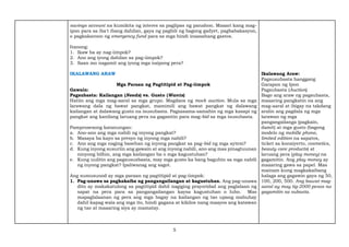 5
savings account na kumikita ng interes sa paglipas ng panahon. Maaari kang mag-
ipon para sa iba't ibang dahilan, gaya ng pagbili ng bagong gadyet, pagbabakasyon,
o pagkakaroon ng emergency fund para sa mga hindi inaasahang gastos.
Itanong:
1. Ikaw ba ay nag-iimpok?
2. Ano ang iyong dahilan sa pag-iimpok?
3. Saan mo nagamit ang iyong mga naipong pera?
IKALAWANG ARAW
Mga Paraan ng Pagtitipid at Pag-iimpok
Gawain:
Pagsubasta: Kailangan (Needs) vs. Gusto (Wants)
Hatiin ang mga mag-aaral sa mga grupo. Magdaos ng mock auction. Mula sa mga
larawang dala ng bawat pangkat, mamimili ang bawat pangkat ng dalawang
kailangan at dalawang gusto na isusubasta. Pagsasama-samahin ng mga kasapi ng
pangkat ang kanilang laruang pera na gagamtin para mag-bid sa mga isusubasta.
Pamprosesong katanungan:
a. Ano-ano ang mga nabili ng inyong pangkat?
b. Masaya ba kayo sa presyo ng inyong mga nabili?
c. Ano ang mga naging basehan ng inyong pangkat sa pag-bid ng mga aytem?
d. Kung inyong susuriin ang gawain at ang inyong nabili, ano ang mas pinagtuunan
ninyong bilhin, ang mga kailangan ba o mga kagustuhan?
e. Kung uulitin ang pagsususbasta, may mga gusto ka bang baguhin sa mga nabili
ng inyong pangkat? Ipaliwanag ang sagot.
Ang sumusunod ay mga paraan ng pagtitipid at pag-iimpok:
1. Pag-unawa sa pagkakaiba ng pangangailangan at kagustuhan. Ang pag-unawa
dito ay makakatulong sa pagtitipid dahil nagiging prayoridad ang paglalaan ng
sapat na pera para sa pangangailangan kaysa kagustuhan o luho. Mas
mapaglalaanan ng pera ang mga bagay na kailangan ng tao upang mabuhay
dahil kapag wala ang mga ito, hindi gagana at kikilos nang maayos ang katawan
ng tao at maaaring siya ay mamatay.
Ikalawang Araw:
Pagsusubasta hanggang
Garapon ng Ipon
Pagsubasta (Auction)
Bago ang araw ng pagsubasta,
maaaring pangkatin na ang
mag-aaral at ibigay na takdang
aralin ang pagdala ng mga
larawan ng mga
pangangailanga (pagkain,
damit) at mga gusto (bagong
modelo ng mobille phone,
limited edition na sapatos,
ticket sa konsiyerto, cosmetics,
beauty care products) at
laruang pera (play money) na
gagamitin. Ang play money ay
maaaring gawa sa papel. Mas
mainam kung magkakaibang
halaga ang gagawin gaya ng 50,
100, 200, 500. Ang bawat mag-
aaral ay may tig-2000 pesos na
gagamitin sa subasta.
 