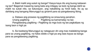 4. Bakit maliit ang sukat ng banga? Kasya kaya rito ang buong katawan
ng tao? Bagamat maaaring isang bata ang inilagay sa loob ng banga dahil sa
maliit na sukat nito, sa katunayan, ang nakalibing ay hindi bata. Ito ay sa
dahilang ang bangang Manunggul ay ginamit para sa pangalawang libing.
a. Dalawa ang proseso ng paglilibing sa sinaunang panahon.
Unang paglibing - Paglibing sa kamamatay na tao
Pangalawang paglibing - Paglibing sa mga buto ng tao pagkalipas ng
isang taon o higit pa
b. Sa kwebang Manunggul ay natagpuan din ang mas malalaking banga
para sa unang paglibing, na halos doble o higit pa ang taas kaysa sa banga
para sa pangalawang paglibing.
 
