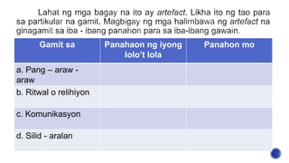 Gamit sa Panahaon ng iyong
lolo’t lola
Panahon mo
a. Pang – araw -
araw
b. Ritwal o relihiyon
c. Komunikasyon
d. Silid - aralan
 
