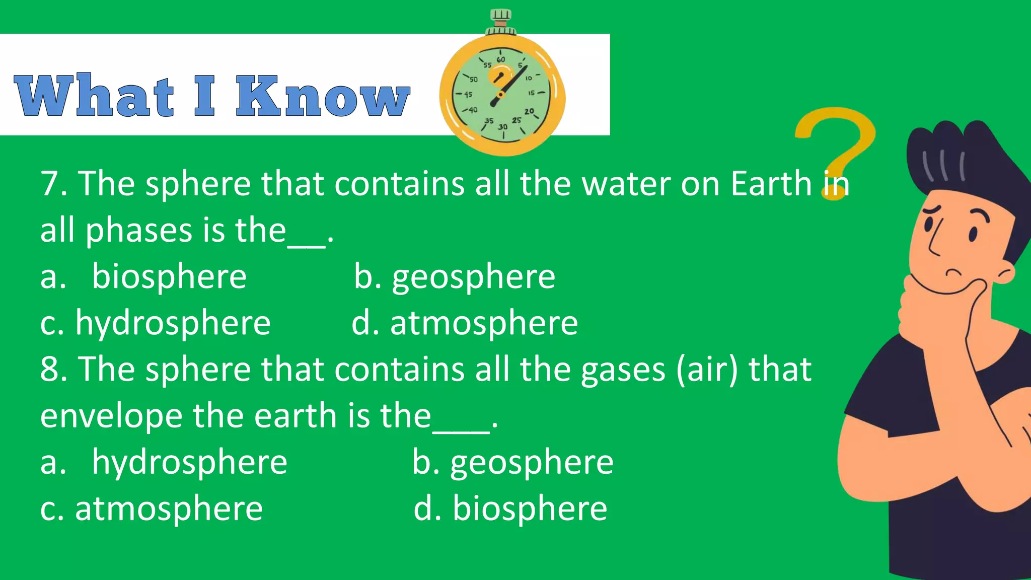 7. The sphere that contains all the water on Earth in
all phases is the__.
a. biosphere b. geosphere
c. hydrosphere d. atmosphere
8. The sphere that contains all the gases (air) that
envelope the earth is the___.
a. hydrosphere b. geosphere
c. atmosphere d. biosphere
 