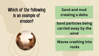 Waves crashing into
rocks
Sand and mud
creating a delta
Sand particles being
carried away by the
wind
 