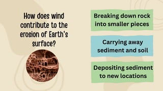 Depositing sediment
to new locations
Breaking down rock
into smaller pieces
Carrying away
sediment and soil
 