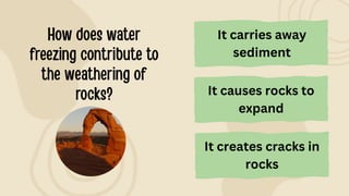 It creates cracks in
rocks
It carries away
sediment
It causes rocks to
expand
 