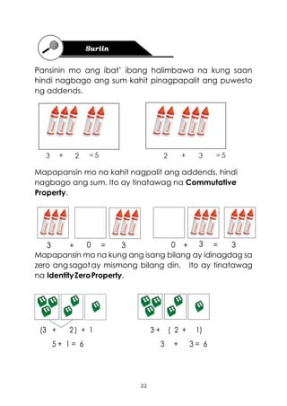 32
Pansinin mo ang ibat’ ibang halimbawa na kung saan
hindi nagbago ang sum kahit pinagpapalit ang puwesto
ng addends.
Mapapansin mo na kahit nagpalit ang addends, hindi
nagbago ang sum. Ito ay tinatawag na Commutative
Property.
3 + 0 = 3 0 + 3 = 3
Mapapansin mo na kung ang isang bilang ay idinagdag sa
zero ang sagotay mismong bilang din. Ito ay tinatawag
na IdentityZeroProperty.
(3 + 2 ) + 1 3 + ( 2 + 1)
5 + 1 = 6 3 + 3 = 6
 