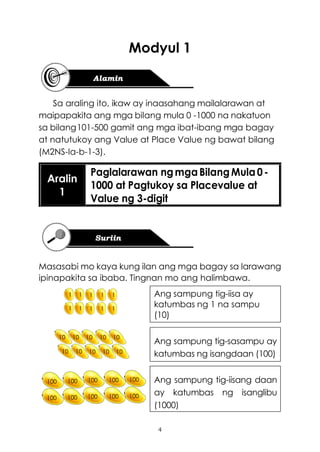 4
Modyul 1
Sa araling ito, ikaw ay inaasahang mailalarawan at
maipapakita ang mga bilang mula 0 -1000 na nakatuon
sa bilang101-500 gamit ang mga ibat-ibang mga bagay
at natutukoy ang Value at Place Value ng bawat bilang
(M2NS-Ia-b-1-3).
Aralin
1
Paglalarawan ngmgaBilangMula0-
1000 at Pagtukoy sa Placevalue at
Value ng 3-digit
Masasabi mo kaya kung ilan ang mga bagay sa larawang
ipinapakita sa ibaba. Tingnan mo ang halimbawa.
Ang sampung tig-sasampu ay
katumbas ng isangdaan (100)
Ang sampung tig-iisa ay
katumbas ng 1 na sampu
(10)
Ang sampung tig-iisang daan
ay katumbas ng isanglibu
(1000)
1 1 1 1 1
1 1 1 1 1
10 10 10 10 10
10 10 10 10 10
100 100 100 100 100
100 100 100 100 100
 