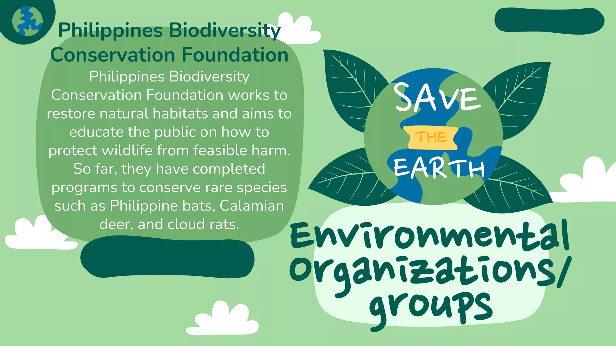 Environmental
Organizations/
groups
Philippines Biodiversity
Conservation Foundation
Philippines Biodiversity
Conservation Foundation works to
restore natural habitats and aims to
educate the public on how to
protect wildlife from feasible harm.
So far, they have completed
programs to conserve rare species
such as Philippine bats, Calamian
deer, and cloud rats.
 