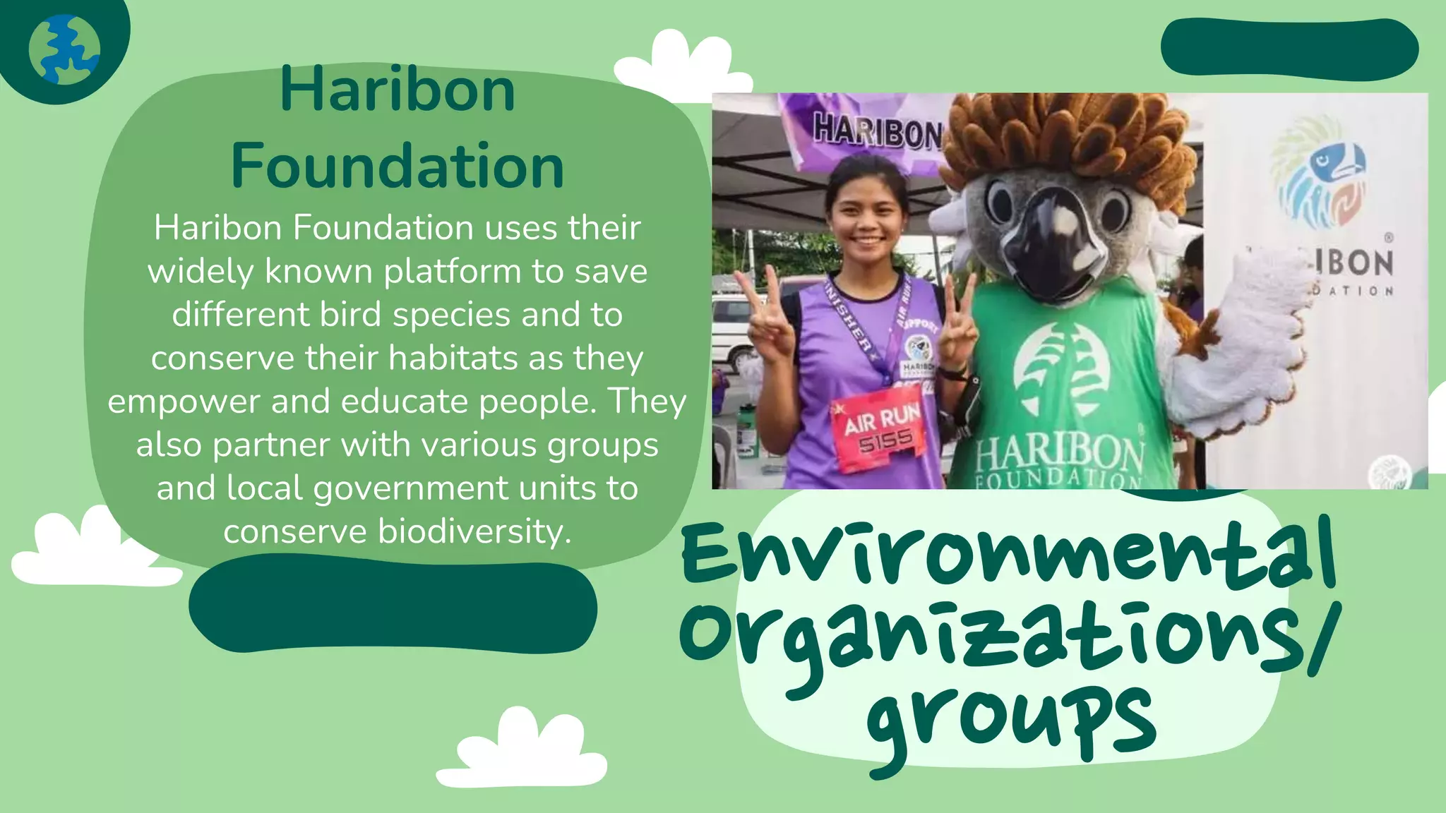 Environmental
Organizations/
groups
Haribon
Foundation
Haribon Foundation uses their
widely known platform to save
different bird species and to
conserve their habitats as they
empower and educate people. They
also partner with various groups
and local government units to
conserve biodiversity.
 