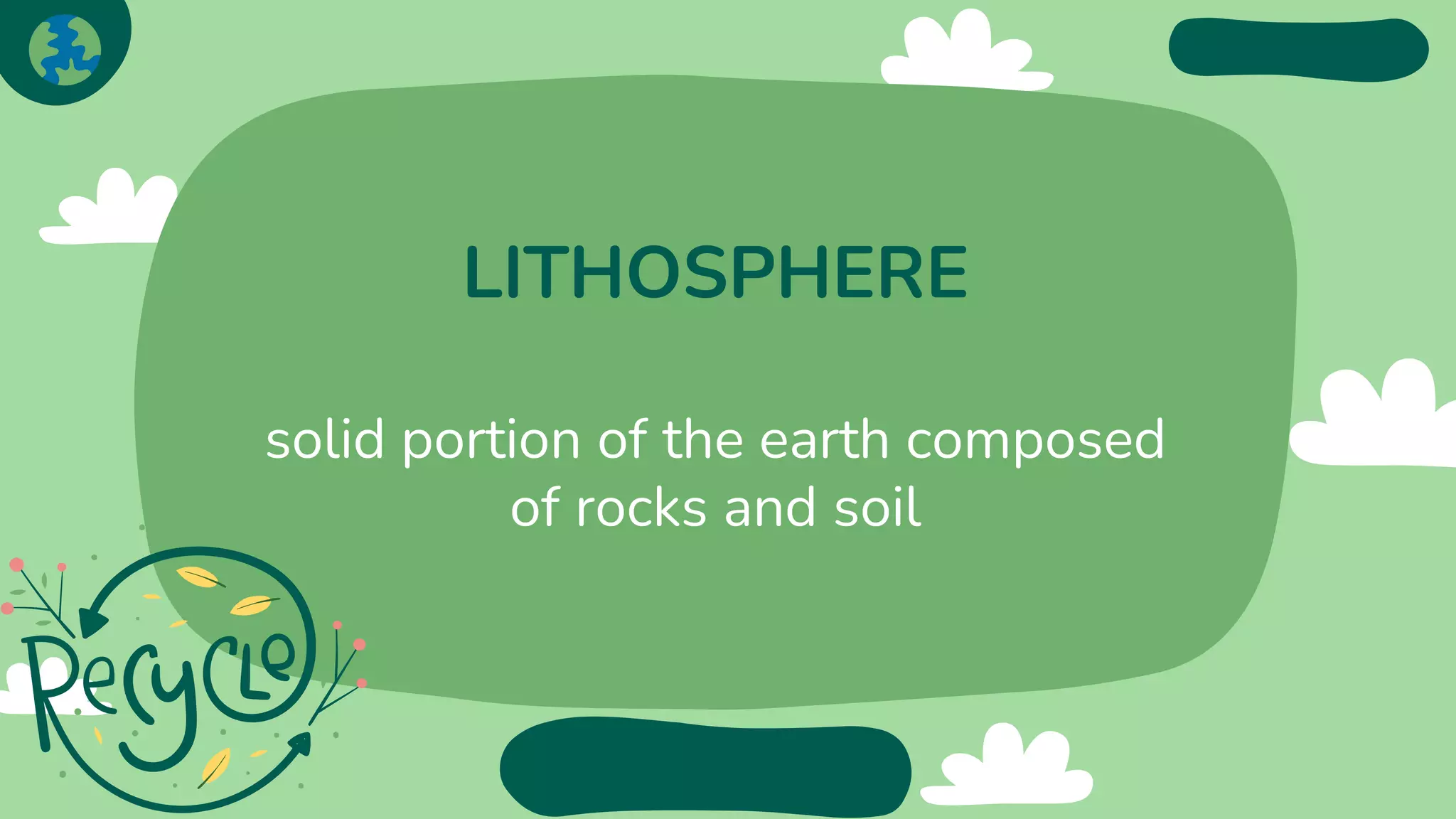 LITHOSPHERE
solid portion of the earth composed
of rocks and soil
 