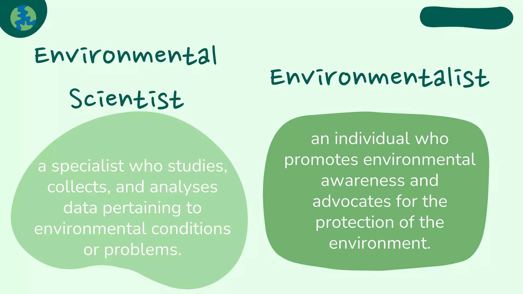 Environmental
Scientist
Environmentalist
a specialist who studies,
collects, and analyses
data pertaining to
environmental conditions
or problems.
an individual who
promotes environmental
awareness and
advocates for the
protection of the
environment.
 