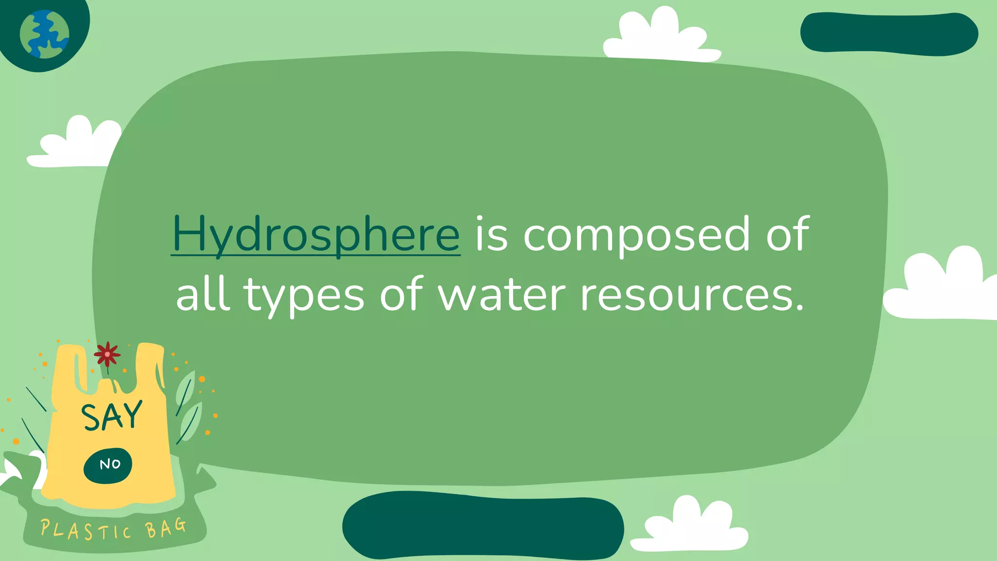 Hydrosphere is composed of
all types of water resources.
 