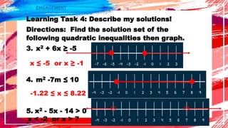 ENGAGEMENT
Learning Task 4: Describe my solutions!
Directions: Find the solution set of the
following quadratic inequalities then graph.
3. x2 + 6x ≥ -5
4. m2 -7m ≤ 10
5. x2 - 5x - 14 > 0
.
x ≤ -5 or x ≥ -1
x < -2 or x > 7
-1.22 ≤ x ≤ 8.22
 