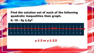 ADDITIONAL ACTIVITIES
Find the solution set of each of the following
quadratic inequalities then graph.
6. 10 - 9y ≥-2y2
y ≤ 2 or y ≥ 2.5
 