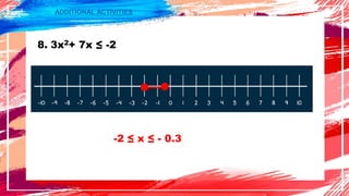 ADDITIONAL ACTIVITIES
8. 3x2+ 7x ≤ -2
-2 ≤ x ≤ - 0.3
 