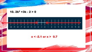 ADDITIONAL ACTIVITIES
10. 2k2 +3k - 2 > 0
x < -2.1 or x > 0.7
 