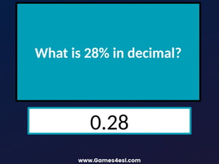 What is 28% in decimal?
0.28
 