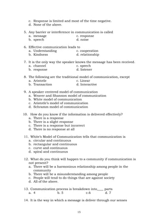 15
c. Response is limited and most of the time negative.
d. None of the above.
5. Any barrier or interference in communication is called
a. message c. response
b. speech d. noise
6. Effective communication leads to
a. Understanding c. cooperation
b. Kindness d. relationship
7. It is the only way the speaker knows the message has been received.
a. channel c. speech
b. response d. listener
8. The following are the traditional model of communication, except
a. Aristotle c. Linear
b. Transaction d. Interactive
9. A speaker centered model of communication
a. Weaver and Shannon model of communication
b. White model of communication
c. Aristotle’s model of communication
d. Schramm model of communication
10. How do you know if the information is delivered effectively?
a. There is a response
b. There is a slight response
c. There is a response but incorrect
d. There is no response at all
11. White’s Model of Communication tells that communication is
a. circular and continuous
b. rectangular and continuous
c. curve and continuous
d. spiral and continuous
12. What do you think will happen to a community if communication is
not present?
a. There will be a harmonious relationship among people in the
community
b. There will be a misunderstanding among people
c. People will tend to do things that are against society
d. All of the above.
13. Communication process is breakdown into____ parts
a. 4 b. 5 c.6 d. 7
14. It is the way in which a message is deliver through our senses
 