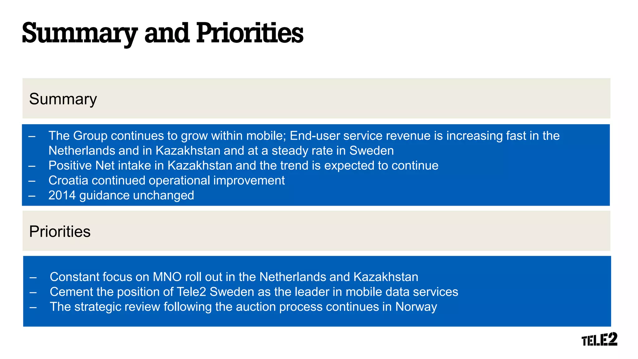 Summary
Priorities
– Constant focus on MNO roll out in the Netherlands and Kazakhstan
– Cement the position of Tele2 Sweden as the leader in mobile data services
– The strategic review following the auction process continues in Norway
– The Group continues to grow within mobile; End-user service revenue is increasing fast in the
Netherlands and in Kazakhstan and at a steady rate in Sweden
– Positive Net intake in Kazakhstan and the trend is expected to continue
– Croatia continued operational improvement
– 2014 guidance unchanged
 