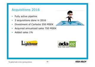 Acquisitions 2016
 Fully active pipeline
 3 acquisitions done in 2016
 Divestment of Carlocks 550 MSEK
 Acquired annualized sales 750 MSEK
 Added sales 1%
11
 
