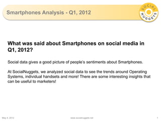 Smartphones Analysis - Q1, 2012




     What was said about Smartphones on social media in
     Q1, 2012?

     Social data gives a good picture of people’s sentiments about Smartphones.

     At SocialNuggets, we analyzed social data to see the trends around Operating
     Systems, individual handsets and more! There are some interesting insights that
     can be useful to marketers!




May 4, 2012                            www.socialnuggets.net                           1
 