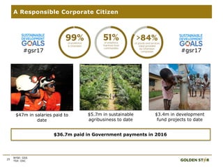 25
A Responsible Corporate Citizen
NYSE: GSS
TSX: GSC
1
$5.7m in sustainable
agribusiness to date
$3.4m in development
fund projects to date
#gsr17
$47m in salaries paid to
date
$36.7m paid in Government payments in 2016
#gsr17
 