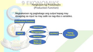 Pangksyon ng Produksyon
(Production Function)
Nagkakaroon ng pagbabago ang output kapag may
idinagdag sa input na may salik na nag-iiba o variables.
Production Function
INPUT
Manggagawa
Serbisyo
Hilaw na
Materyal
Makinarya
Yaring
Produkto
OUTPUT
 