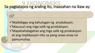 Sa pagtatapos ng araling ito, inaasahan na ikaw ay:
Maibibigay ang kahulugan ng produksyon.
Masusuri ang mga salik ng produksyon.
Mapahahalagahan ang mga salik ng produksyon
at ang implikasyon nito sa pang-araw-araw na
pamumuhay.
 