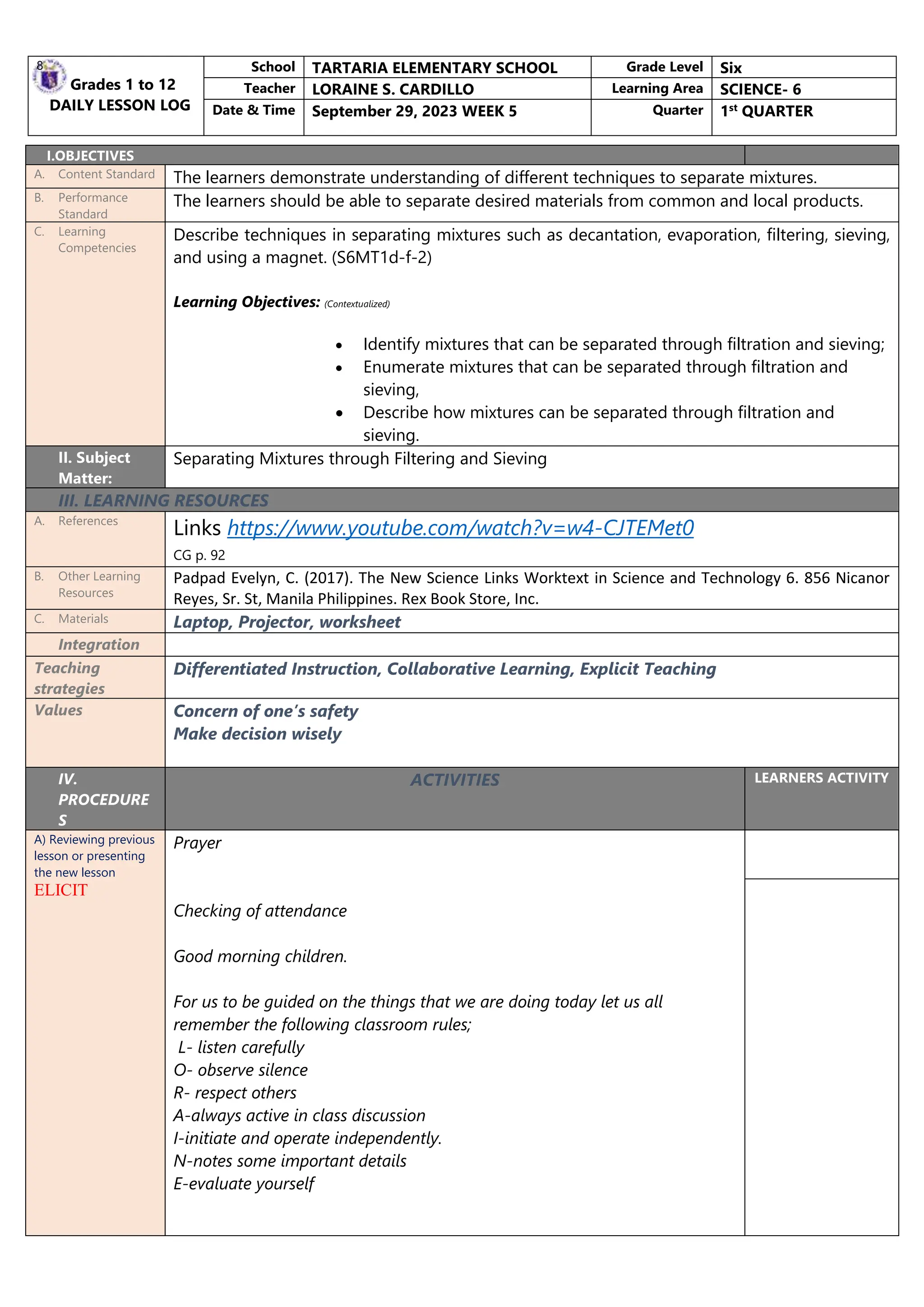 q1 science 6 Separating Mixtures detailed.docx