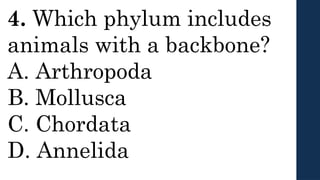 4. Which phylum includes
animals with a backbone?
A. Arthropoda
B. Mollusca
C. Chordata
D. Annelida
 