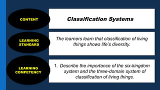 Classification Systems
CONTENT
The learners learn that classification of living
things shows life’s diversity.
LEARNING
STANDARD
1. Describe the importance of the six-kingdom
system and the three-domain system of
classification of living things.
LEARNING
COMPETENCY
 