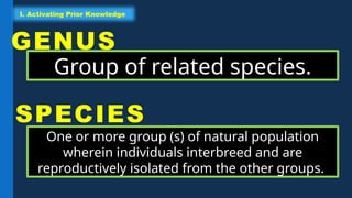 I. Activating Prior Knowledge
Group of related species.
GENUS
SPECIES
One or more group (s) of natural population
wherein individuals interbreed and are
reproductively isolated from the other groups.
 