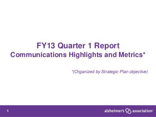 FY13 Quarter 1 Report
    Communications Highlights and Metrics*

                     *(Organized by Strategic Plan objective)




1
 