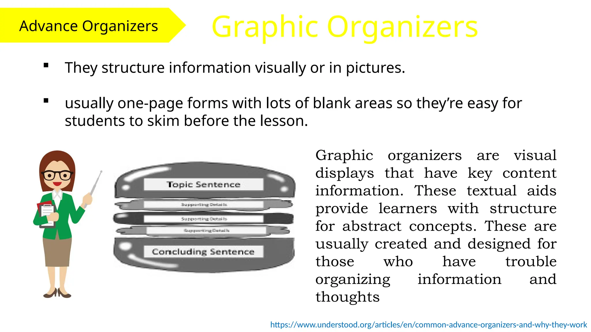 Advance Organizers Graphic Organizers
https://www.understood.org/articles/en/common-advance-organizers-and-why-they-work
 They structure information visually or in pictures.
 usually one-page forms with lots of blank areas so they’re easy for
students to skim before the lesson.
Graphic organizers are visual
displays that have key content
information. These textual aids
provide learners with structure
for abstract concepts. These are
usually created and designed for
those who have trouble
organizing information and
thoughts
 