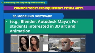 Common tools and equipment Visual Arts:
• (e.g., Blender, Autodesk Maya): For
students interested in 3D art and
animation.
C. Developing and Deepening Understanding
3D MODELING SOFTWARE
 