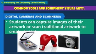 Common tools and equipment Visual Arts:
• Students can capture images of their
artwork or scan traditional artwork to
create digital versions.
C. Developing and Deepening Understanding
DIGITAL CAMERAS AND SCANNERS:
 