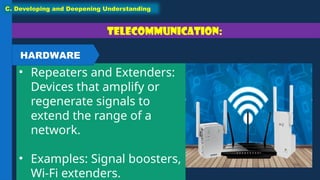 Telecommunication:
• Repeaters and Extenders:
Devices that amplify or
regenerate signals to
extend the range of a
network.
• Examples: Signal boosters,
Wi-Fi extenders.
C. Developing and Deepening Understanding
HARDWARE
 