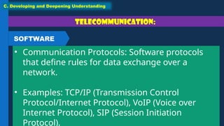 Telecommunication:
• Communication Protocols: Software protocols
that define rules for data exchange over a
network.
• Examples: TCP/IP (Transmission Control
Protocol/Internet Protocol), VoIP (Voice over
Internet Protocol), SIP (Session Initiation
Protocol).
C. Developing and Deepening Understanding
SOFTWARE
 