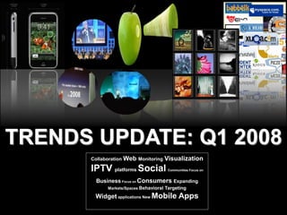 TRENDS UPDATE: Q1 2008
      Collaboration Web Monitoring      Visualization
      IPTV platforms Social              Communities Focus on


        Business Focus on Consumers Expanding
            Markets/Spaces Behavioral   Targeting
       Widget applications New Mobile Apps
 