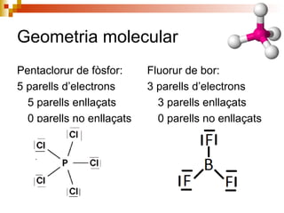 Geometria molecular 
Pentaclorur de fòsfor: 
5 parells d’electrons 
5 parells enllaçats 
0 parells no enllaçats 
Fluorur de bor: 
3 parells d’electrons 
3 parells enllaçats 
0 parells no enllaçats 
 