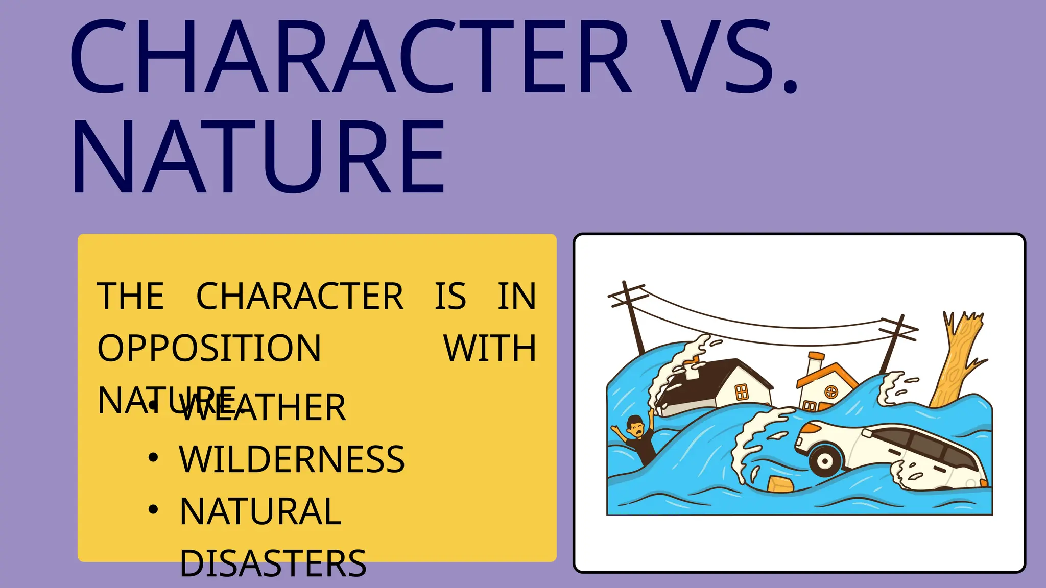 THE CHARACTER IS IN
OPPOSITION WITH
NATURE.
CHARACTER VS.
NATURE
• WEATHER
• WILDERNESS
• NATURAL
DISASTERS
 