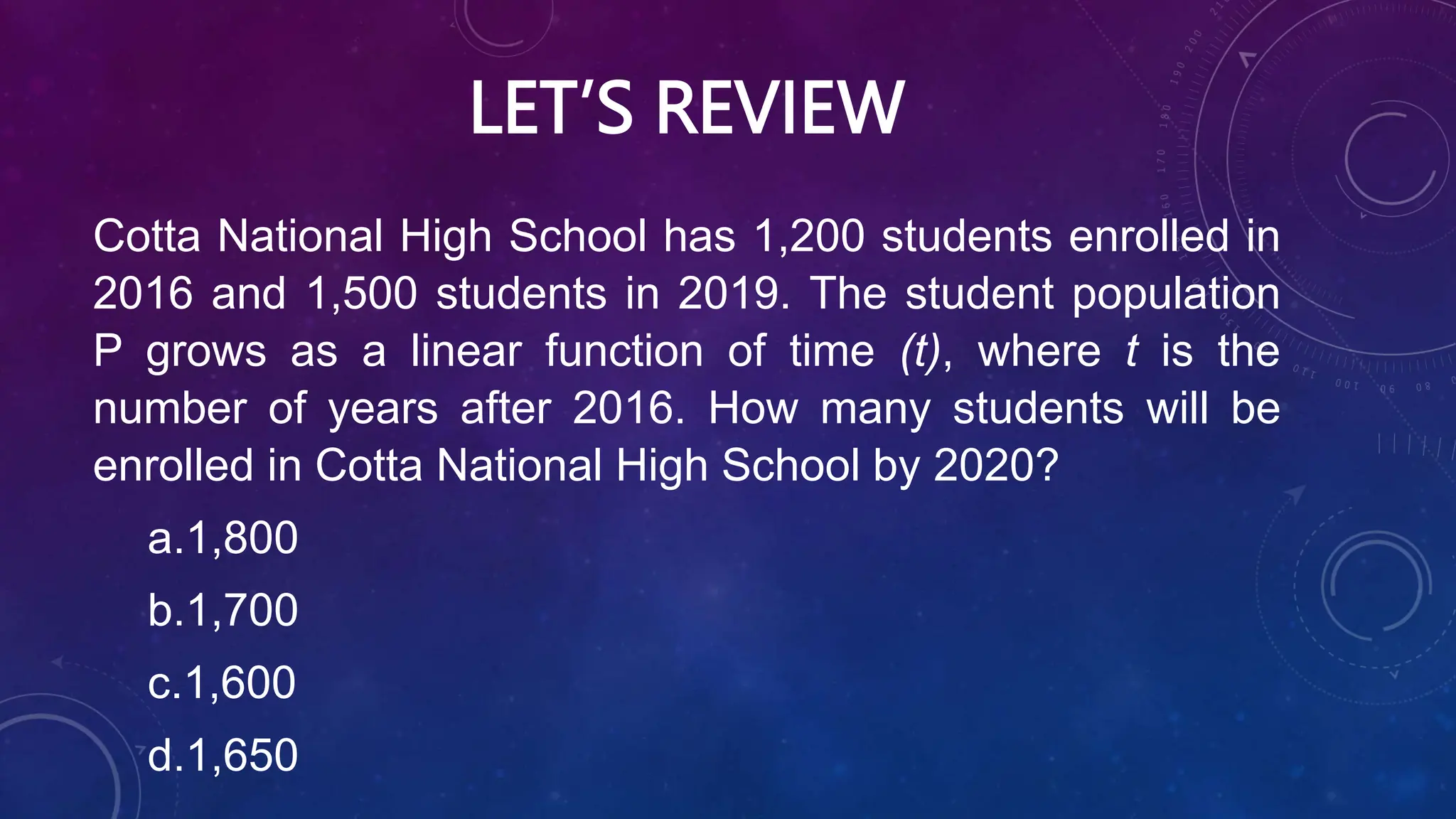 LET’S REVIEW
Cotta National High School has 1,200 students enrolled in
2016 and 1,500 students in 2019. The student population
P grows as a linear function of time (t), where t is the
number of years after 2016. How many students will be
enrolled in Cotta National High School by 2020?
a.1,800
b.1,700
c.1,600
d.1,650
 