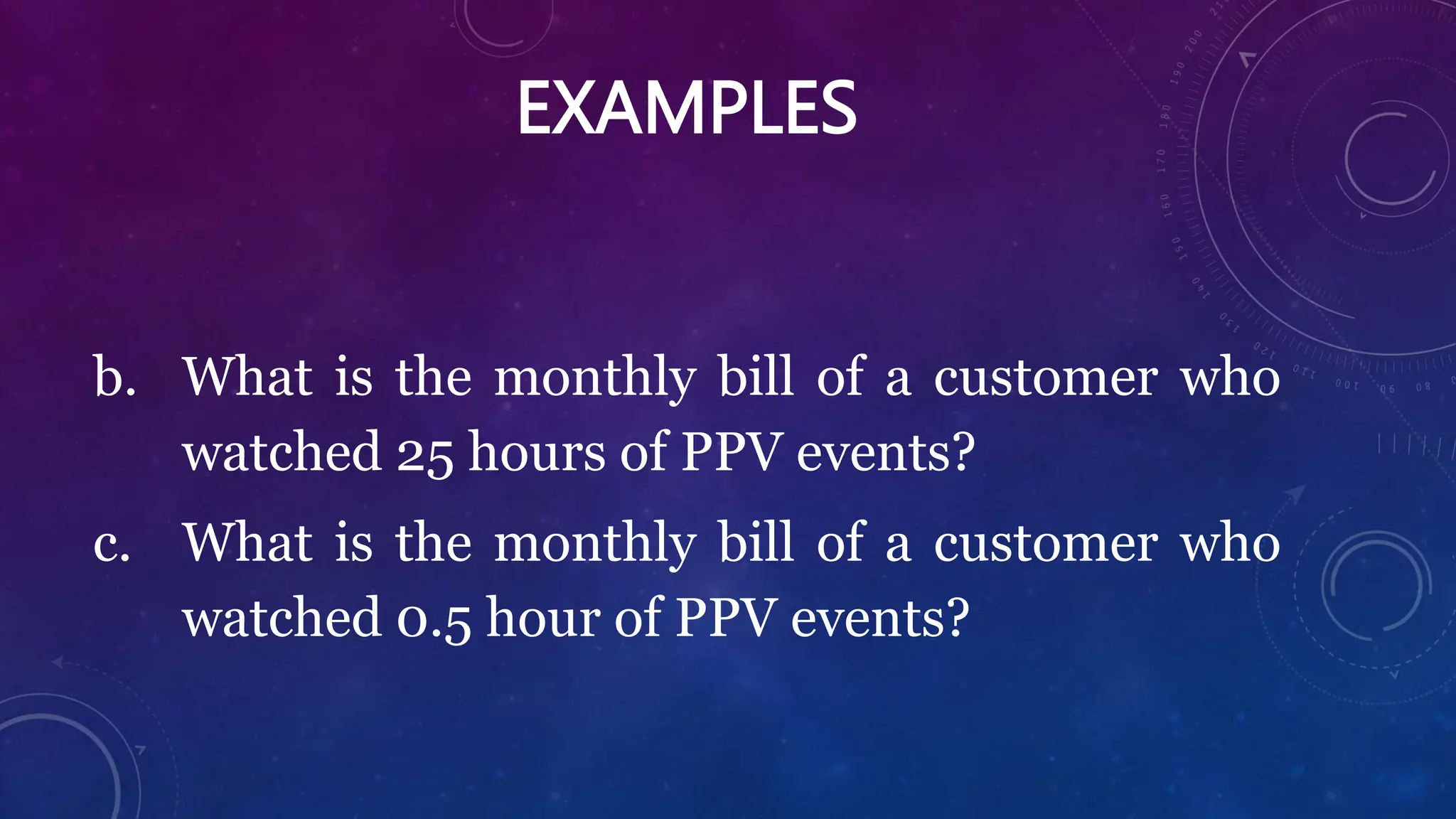 EXAMPLES
b. What is the monthly bill of a customer who
watched 25 hours of PPV events?
c. What is the monthly bill of a customer who
watched 0.5 hour of PPV events?
 