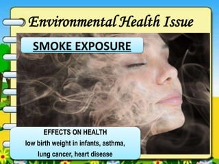 SMOKE EXPOSURE
Environmental Health Issue
EFFECTS ON HEALTH
low birth weight in infants, asthma,
lung cancer, heart disease
 