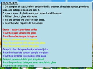 PROCEDURES:
1. Get samples of sugar, coffee, powdered milk, creamer, chocolate powder, powdered
juice, and detergent soap and salt. 2.
Prepare a spoon, 8 plastic cups, and water. Label the cups.
3. Fill half of each glass with water.
4. Mix the sample and water in each glass.
5. Describe what happens to the sample.
Group 1: sugar & powdered coffee
Pour the sugar sample into glass
Pour the coffee sample into glass
Group 2: powdered milk & creamer
Pour the powdered milk sample into glass
Pour the creamer sample into glass
Group 3: chocolate powder & powdered juice
Pour the chocolate powder sample into glass
Pour the powdered juice sample into glass
Group 4: powdered detergent soap & salt
Pour the powdered detergent soap sample into glass
Pour the salt sample into glass
 