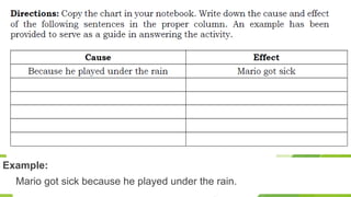 Example:
Mario got sick because he played under the rain.
 