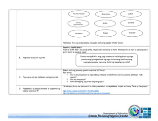 Halimbawa: Ano ang pinakamalaking karagatan sa buong daigdig? (Pacific Ocean)
B. Paghahabi sa layunin ng aralin
Gawain 2: Graffiti Wall 1
Isulat sa Graffiti Wall 1 ang iyong sariling ideya tungkol sa tanong sa ibaba. Masasagot ito sa anyo ng pangungusap o
guhit. Gawin sa sagutang papel.
C. Pag-uugnay ng mga halimbawa sa bagong aralin
Balikan muli ang ginawang gawain tungkol sa GEOPardy!
Mga tanong:
1. Ano ba ang kaugnayan ng mga salitang nakasulat sa GEOPardy board sa paksang tatalakayin natin
ngayon?
2. Ano ang heograpiya?
3. Bakit mahalagang pag-aralan ang heograpiya?
D. Pagtatalakay ng bagong konsepto at paglalahad ng
bagong kasanayan #1
Sa bahaging ito ay may panonoorin na video presentation na magtatalakay tungkol sa Limang Tema ng Heograpiya.
https://www.youtube.com/watch?v=XnHbAxzS6Do
https://de.slideshare.net/bladeleangle/limang-tema-ng-heograpiya
Pacific Ocean Antarctica gubat
Lahing
Austronesian
globo bundok
compass bagyo tropikal
Paano maipakikita ang pag-unawa sa kahalagahan ng mga
pamanang ipinagkaloob ng mga sinaunang kabihasnang
nagtagumpay sa hamong dulot ng kapaligiran nito?
 