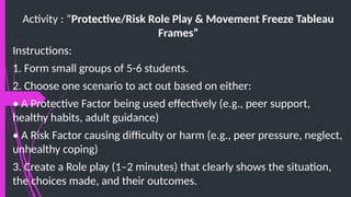 Activity : “Protective/Risk Role Play & Movement Freeze Tableau
Frames”
Instructions:
1. Form small groups of 5-6 students.
2. Choose one scenario to act out based on either:
• A Protective Factor being used effectively (e.g., peer support,
healthy habits, adult guidance)
• A Risk Factor causing difficulty or harm (e.g., peer pressure, neglect,
unhealthy coping)
3. Create a Role play (1–2 minutes) that clearly shows the situation,
the choices made, and their outcomes.
 