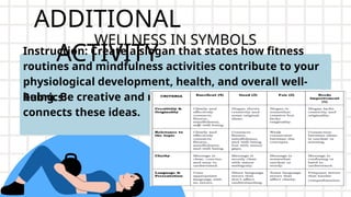 ADDITIONAL
ACTIVITY
Instruction: Create a slogan that states how fitness
routines and mindfulness activities contribute to your
physiological development, health, and overall well-
being. Be creative and make sure your work clearly
connects these ideas.
WELLNESS IN SYMBOLS
Rubrics:
 