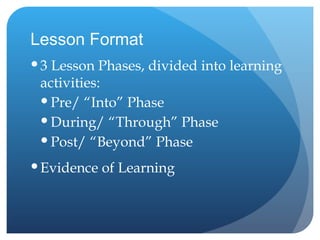 Lesson Format 3 Lesson Phases, divided into learning activities: Pre/ “Into” Phase During/ “Through” Phase Post/ “Beyond” Phase Evidence of Learning 